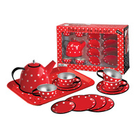 Kaper Kidz - Red Polka Dot Black Trim Tin Tea Set 15 pieces