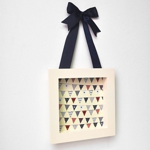 Wooden Box Frame Bunting Blue Ribbon/Cream Frame