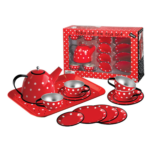 Kaper Kidz - Red Polka Dot Black Trim Tin Tea Set 15 pieces